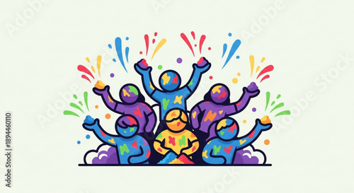 Colorful people celebrating with confetti and balloons in joyful