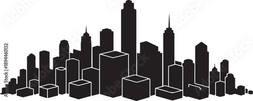 Black and white city skyline with tall buildings illustration