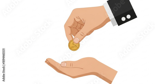 Hand giving gold coin to another hand business deal charity donation