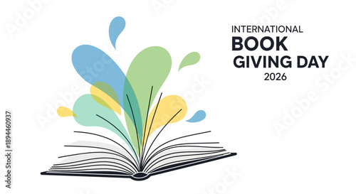 Vector illustration of an open book with colorful leaves on International Book Giving Day 2026 against a clean white background.