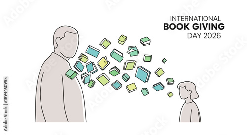 Vector illustration of a man and a child surrounded by colorful books on International Book Giving Day 2026 in America, promoting book giving and literacy.