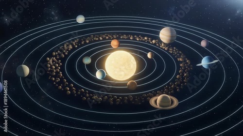 Detailed solar system model showing planets orbiting the sun with asteroid belt and space background