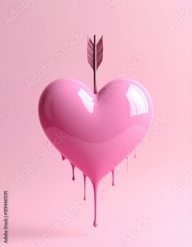 Pink Heart with Arrow Dripping Paint on Pink Background.