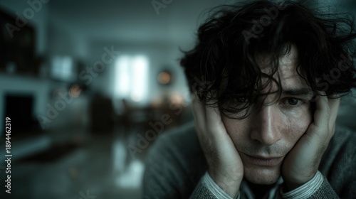 Lonely man sitting alone at night apartment in sadness and reflection with moody urban light and quiet cinematic atmosphere.