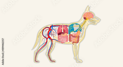 Detailed anatomical illustration of a dog's internal organs from a lateral viewpoint showcasing the skeletal and muscular system