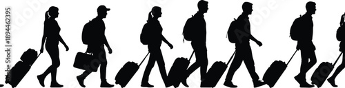 Vector, black, silhouettes, of, diverse, travelers, walking, with, suitcases, and, backpacks, for, travel, vacation, tourism, airport, transit, and, global, journey, illustration, design, assets