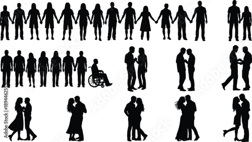 Vector, black, silhouettes, of, people, holding, hands, in, unity, couples, embracing, and, a, person, in, a, wheelchair, for, social, diversity, and, relationship, designs