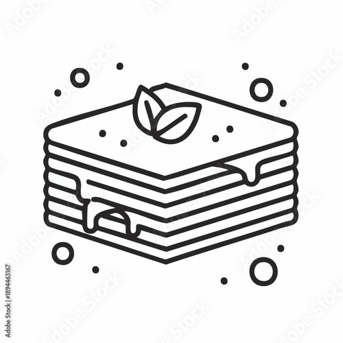 Minimalist illustration of a stack of pancakes with syrup and leaf garnish creating a tasty
