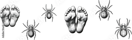 A black and white engraving style illustration depicting human footprints surrounded by spiders