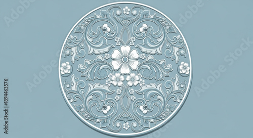Intricate light blue whisk design on circular patterned background