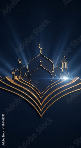 Mosque Dome Silhouette with Gold Accents for Ramadan Eid Hari Raya Aidilfitri Dome Scene in 3D, Islamic Festival Background