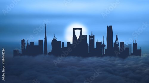 futuristic city skyline silhouette rises above the clouds, inspired by the iconic landmarks of Saudi Arabia and Riyadh, where towering modern architecture, visionary design, and glowing horizons 