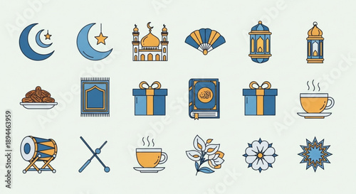 Ramadan kareem icons set with mosque lanterns gifts food and symbols