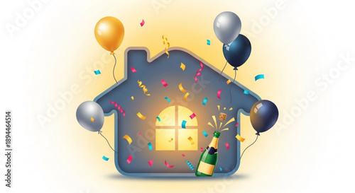 New home celebration with balloons and champagne