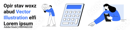 Business strategy, brainstorming, teamwork, office work, data analysis, financial decisions. Two people, a calculator one person holding a clipboard. Business strategy and brainstorming concepts
