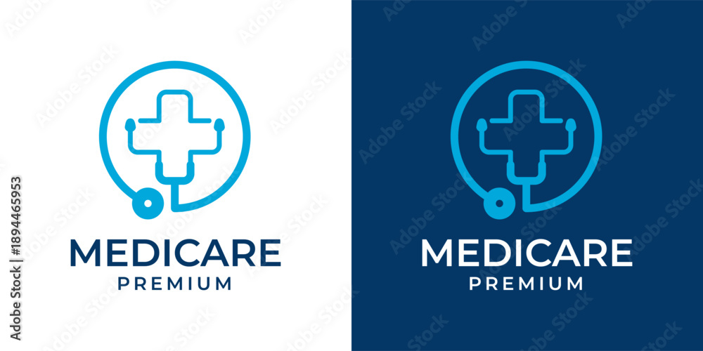Obraz premium Medical Stethoscope Logo Concept. Health Consultation, Doctor, Clinic, Hospital Logo with Stethoscope and Plus or Cross Icon Symbol Vector Illustration.