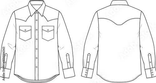 Blank long sleeve western denim shirt technical sketch illustration featuring front and back views with pointed yokes and double chest pockets for fashion design