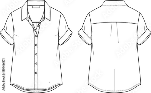 Blank short sleeve button down shirt technical sketch featuring folded cuffs and front back views for womens fashion apparel design mockup and clothing template