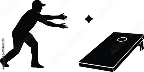 Black silhouette of a man playing cornhole throwing a bean bag at a wooden target board isolated on white background for outdoor recreation design