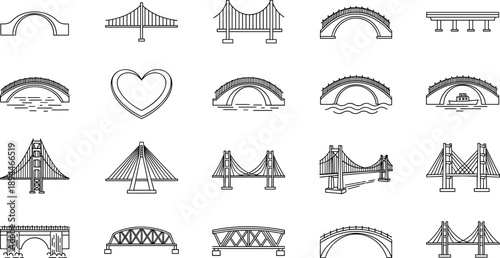 Set of bridge architecture line icons featuring suspension arch beam and cable stayed designs isolated on white background for civil engineering and urban infrastructure