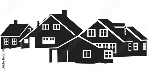 Charming silhouette of a coastal village or Nordic neighborhood. This high-contrast black graphic features traditional gabled houses with chimneys, perfect for real estate, community, or travel themes
