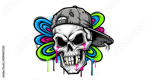 Colorful Skull Wearing Baseball Cap Illustration.