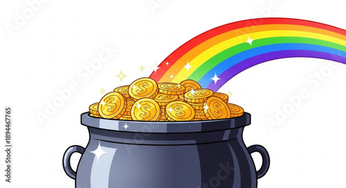 Rainbow gold coins spill from cauldron wealth luck