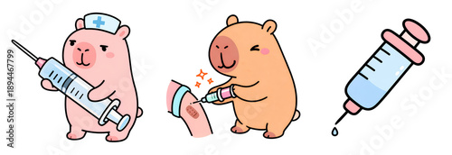 Cute nurse bear syringe injection vaccination medical cartoon animal healthcare clinic pediatric