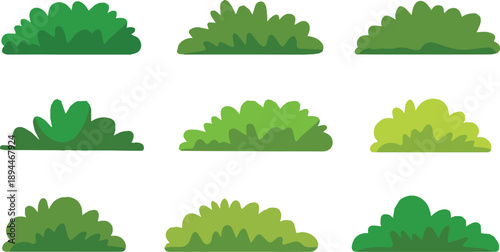 bush collection of nine flat cartoon shrub icons in grid layout