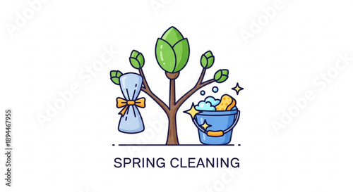 Spring cleaning illustration with tree trash bag and bucket