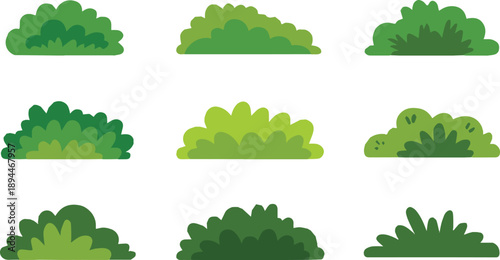 bush nine stylized cartoon bushes grid vector set for design use