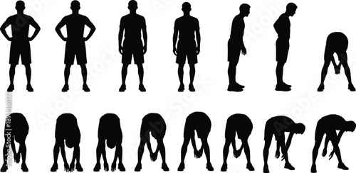Black silhouette collection of male athlete performing stretching exercises and warm up routines isolated on white background for fitness training and sports health design