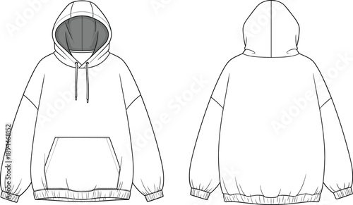 Blank oversized hoodie technical sketch illustration featuring front and back views with kangaroo pocket and ribbed cuffs isolated on white background for fashion apparel design