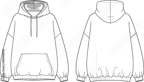 Blank oversized hoodie technical sketch illustration featuring front and back views with kangaroo pocket and ribbed cuffs isolated on white background for fashion apparel design