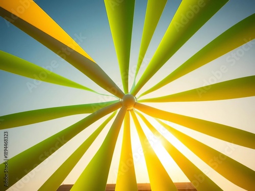 Wind turbine blades, a vibrant spectrum of green, form a hypnotic radial design ,  radial,  blades