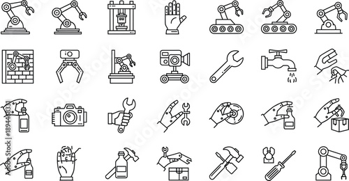 Large Vector Icon Set of Industrial Robotic Arm and Automation Line Art Including Factory Robots Mechanical Hands Tools Sensors and Manufacturing Technology Elements
