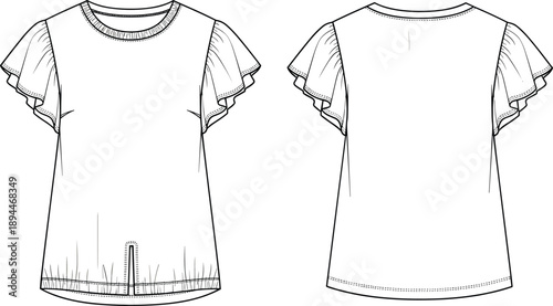 Women Short Flutter Sleeve Blouse Technical Fashion Illustration Sketch Template Including Front and Back View Line Art Drawing For Apparel Design and Tech Pack