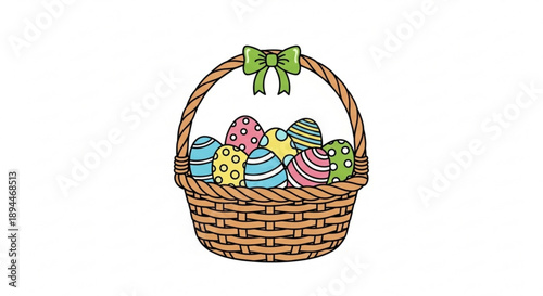 Colorful easter eggs in a wicker basket with green bow on white