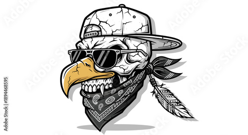 Illustration of Eagle Skull Wearing Sunglasses and Hat.