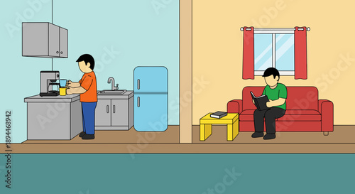 Man Cooking and Man Relaxing on Sofa.