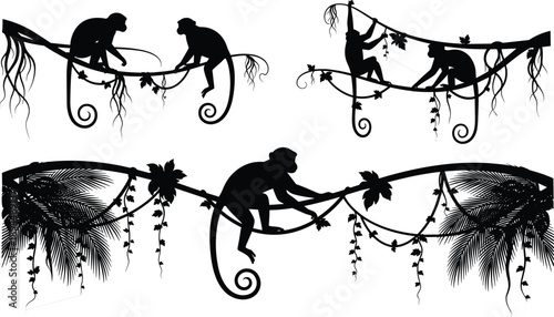 Black Monkey Silhouette Collection Hanging on Tropical Jungle Vines and Palm Trees Isolated on White Background for Wild Animal Nature and Safari Design (24 words)