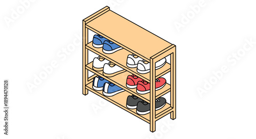 Wooden Shoe Rack with Various Shoes.