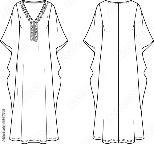 Technical Fashion Illustration of a Women's V-Neck Kaftan Maxi Dress with Embroidered Neckline and Kimono Butterfly Sleeves in Front and Back View CAD
