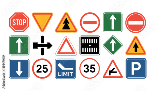 Flat road signs and street marking icons collection for traffic control and urban transport design