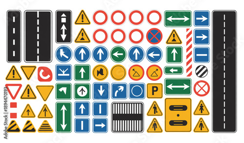 Traffic sign and road marking vector illustration set for transportation maps and safety infographics