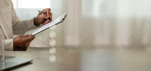 Konstfotografi Compliance audit report and verification checklist concept and copy space, busin