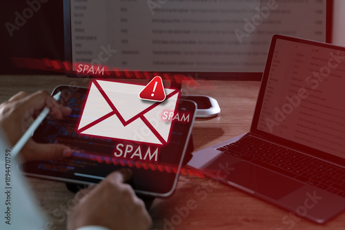 Foto Cybersecurity spam mail concept hacked system spam alert on laptop, representing malicious software, phishing attacks, inbox filtering, secure computer network monitoring