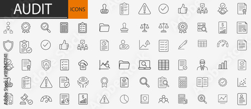 Audit and financial examination icons set, thin line accounting tax inspection and business compliance vector illustration