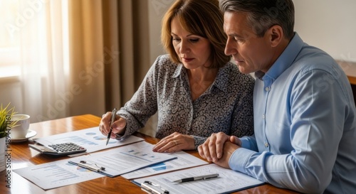 A middle-aged couple sitting at a wooden table reviewing financial documents together in a bright room.
