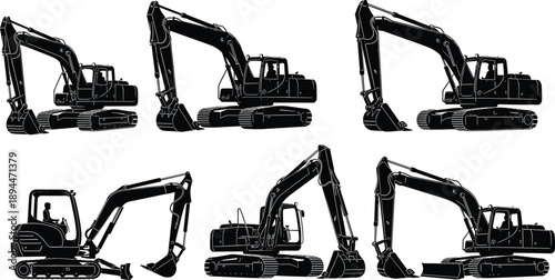 Excavator silhouette set showing different construction machinery poses, heavy equipment for building and mining, industrial digger illustration collection, black vector isolated on white background